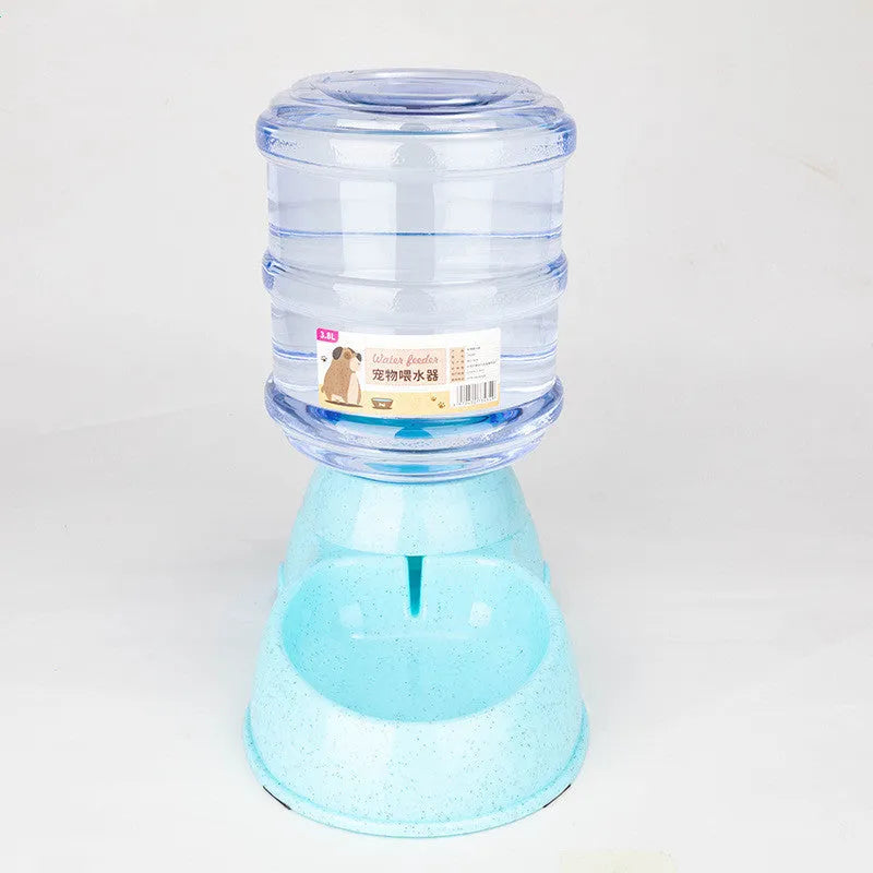 Automatic pet feeder and cat drinker set with plastic feeding trough and drinking trough in grey