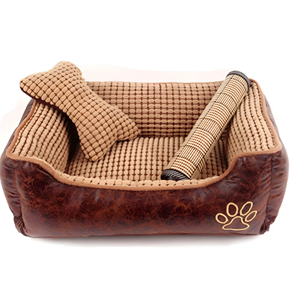 Kennel dog bed pet nest with suede fabric, blanket, bone toy, and summer mat