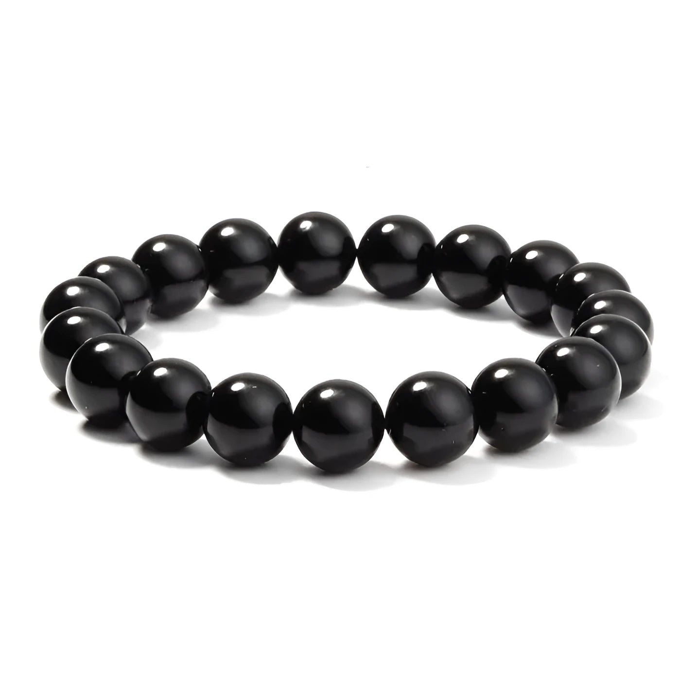 Black onyx geometric bead bracelet with elastic cord on a wrist.