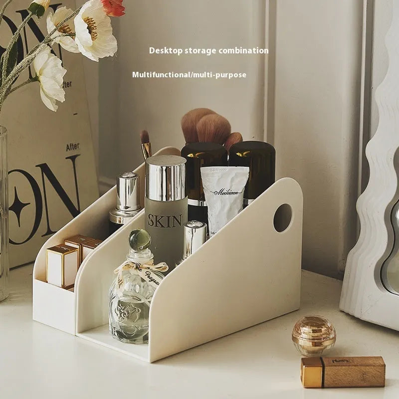 Plastic desktop storage box with two grid shelves in milk coffee colour