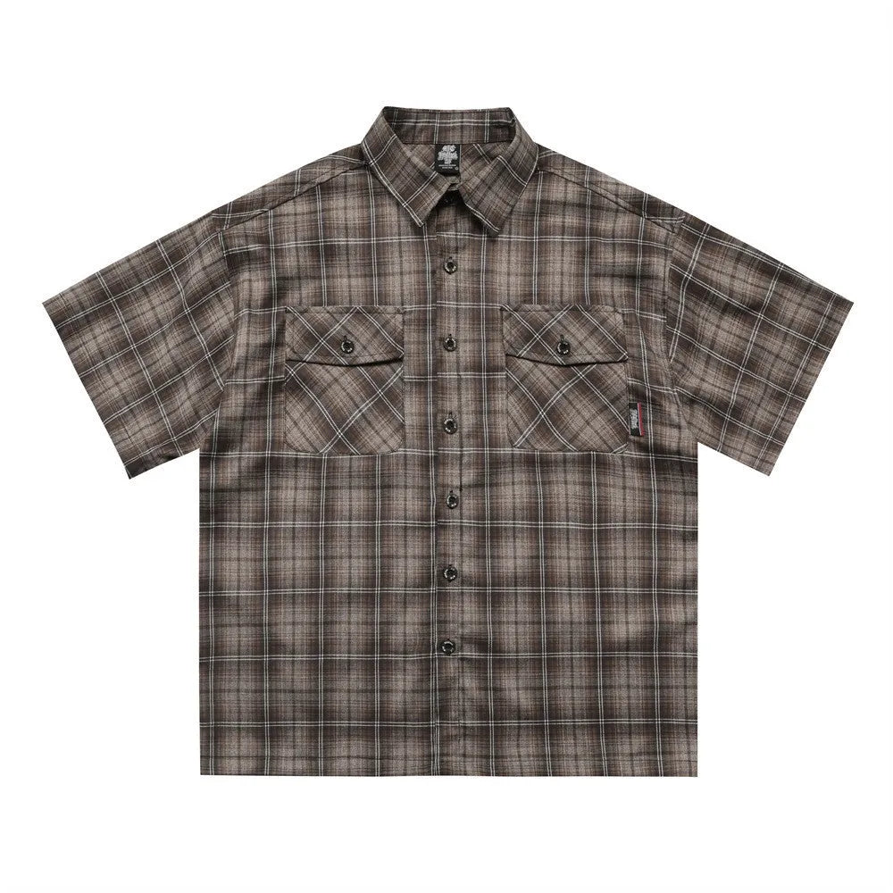 Men's black and brown plaid short-sleeve shirt with letter embroidery detail