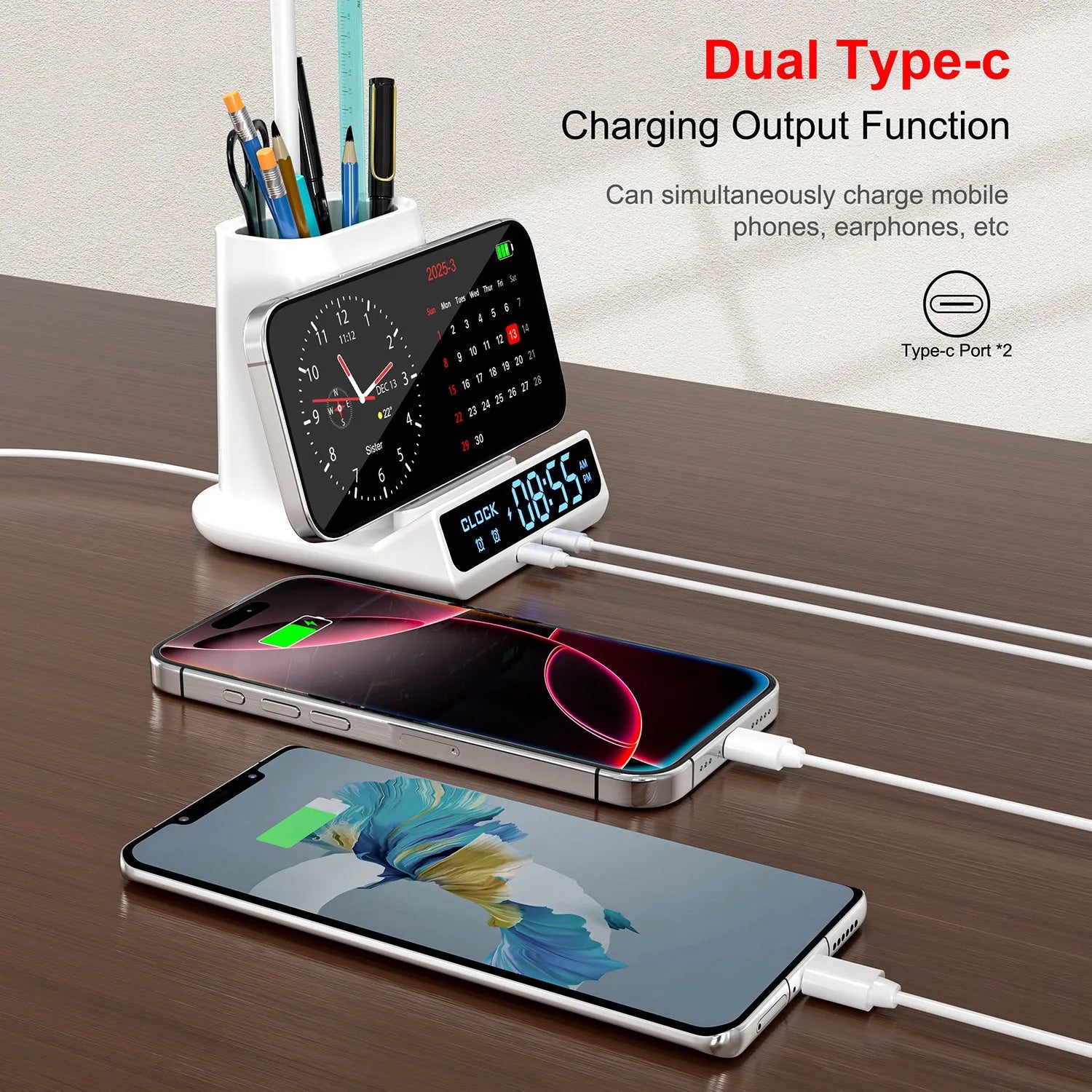Modern wireless charging desk lamp with pen holder storage box in black and white options