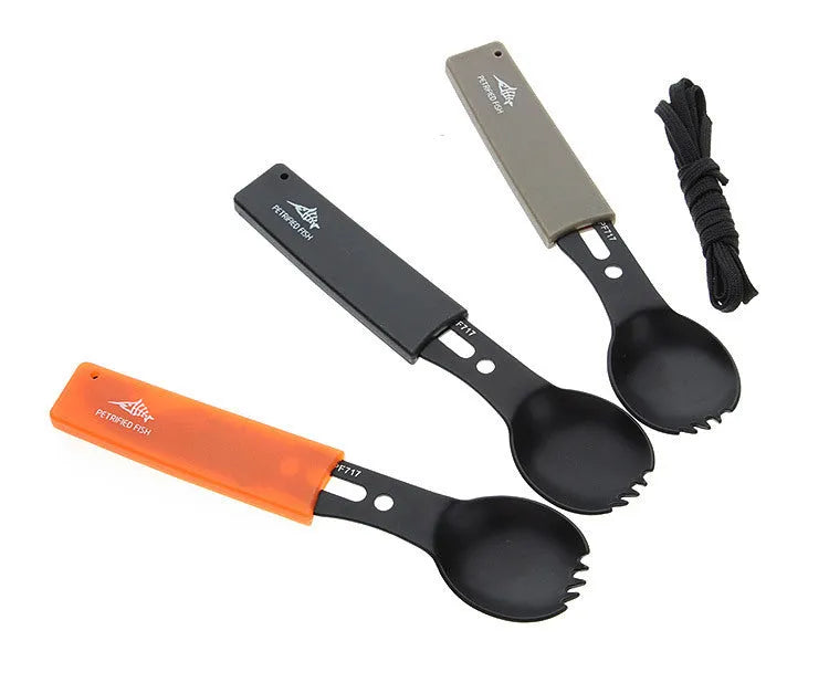 3Cr13 stainless steel outdoor spoon fork knife set with whistle 15.7cm camping tool black colour