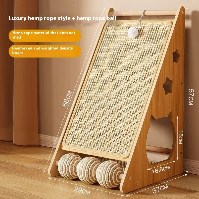 Vertical wall-mounted cat scratch board with sisal surface and hemp rope wrapped ball centre