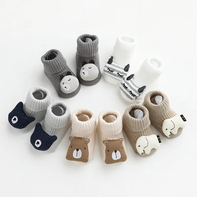 Baby non-slip socks with glue print sole in blue white bear colour, loose fit combed cotton middle tube