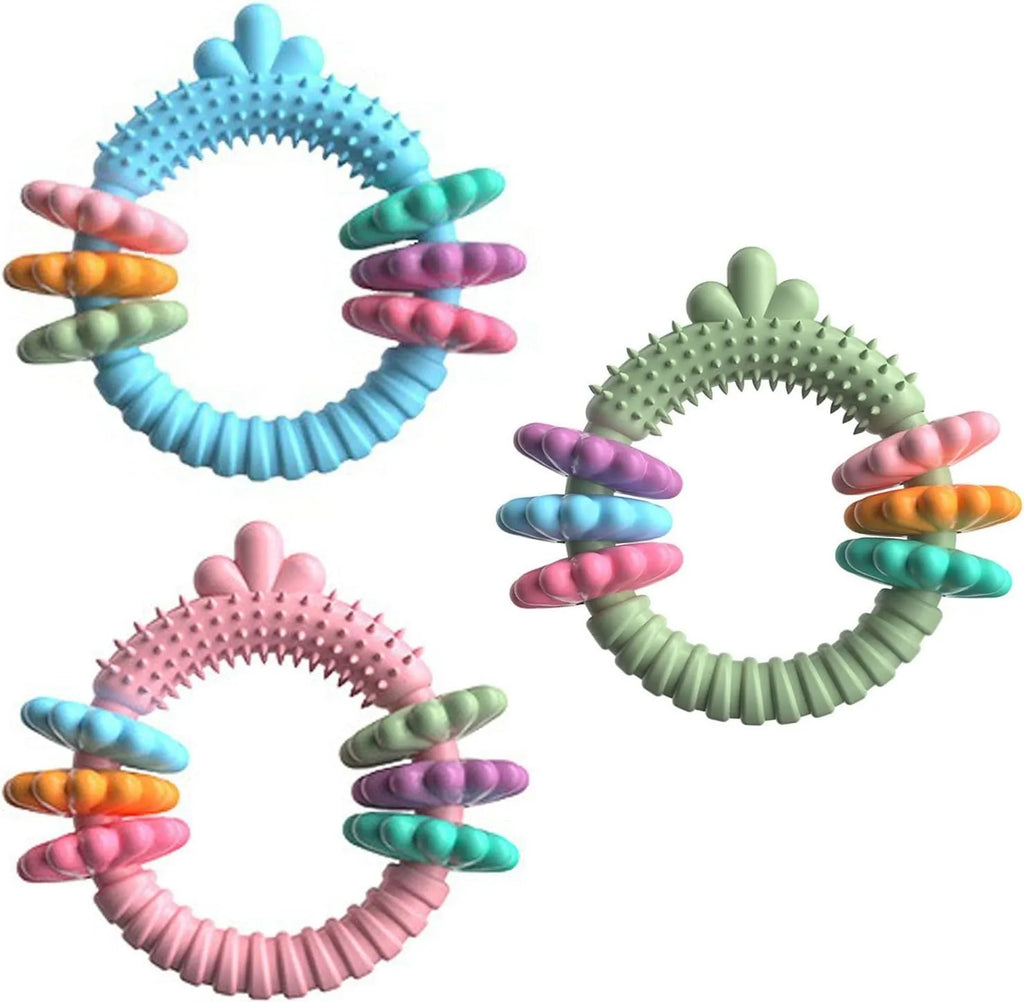 Blue TPR rubber squeaky chew ring dog toy for small dogs on a white background
