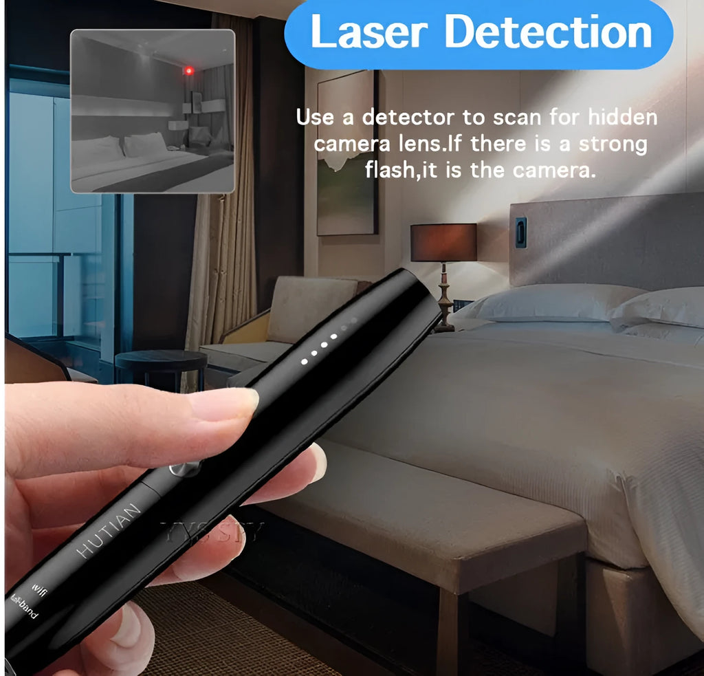 WT09 portable spy gadget detector with antenna, pen-style black body, and signal strength LED indicators on a table