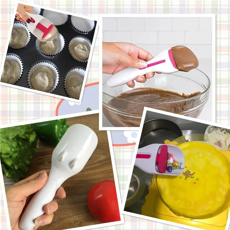 Photo colour cake batter scoop with push lever, 19.5cm ABS TPE construction, standing on leg rests