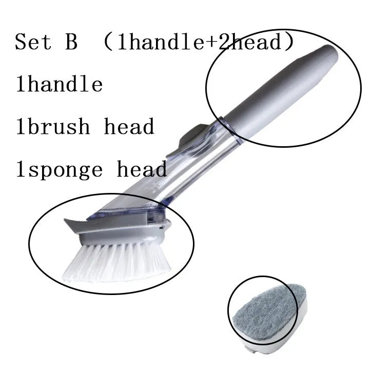 2-in-1 long handle cleaning brush with removable brush head and sponge for kitchen
