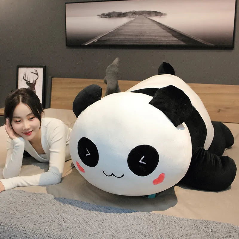 Large lying panda pillow in stretch soft velvet with down cotton filling, 85cm size, Triangle-Eye Smile design