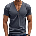 Men's loose V-neck pullover top with button detail in light blue colour