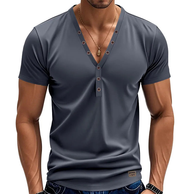 Men's loose V-neck pullover top with button detail in light blue colour