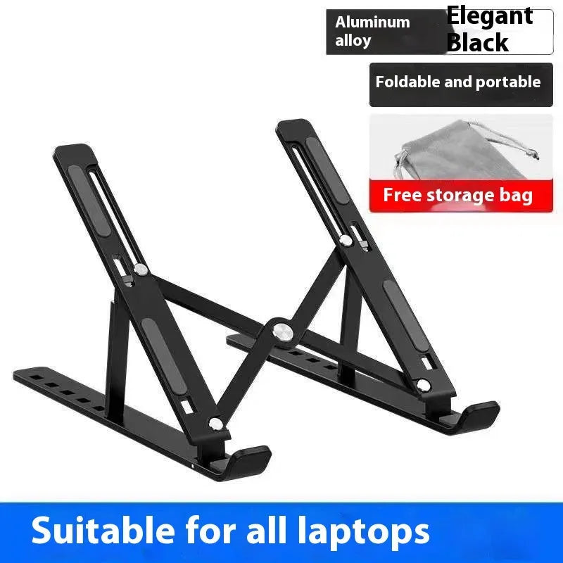 Silver aluminum folding laptop stand open on a desk with a laptop.