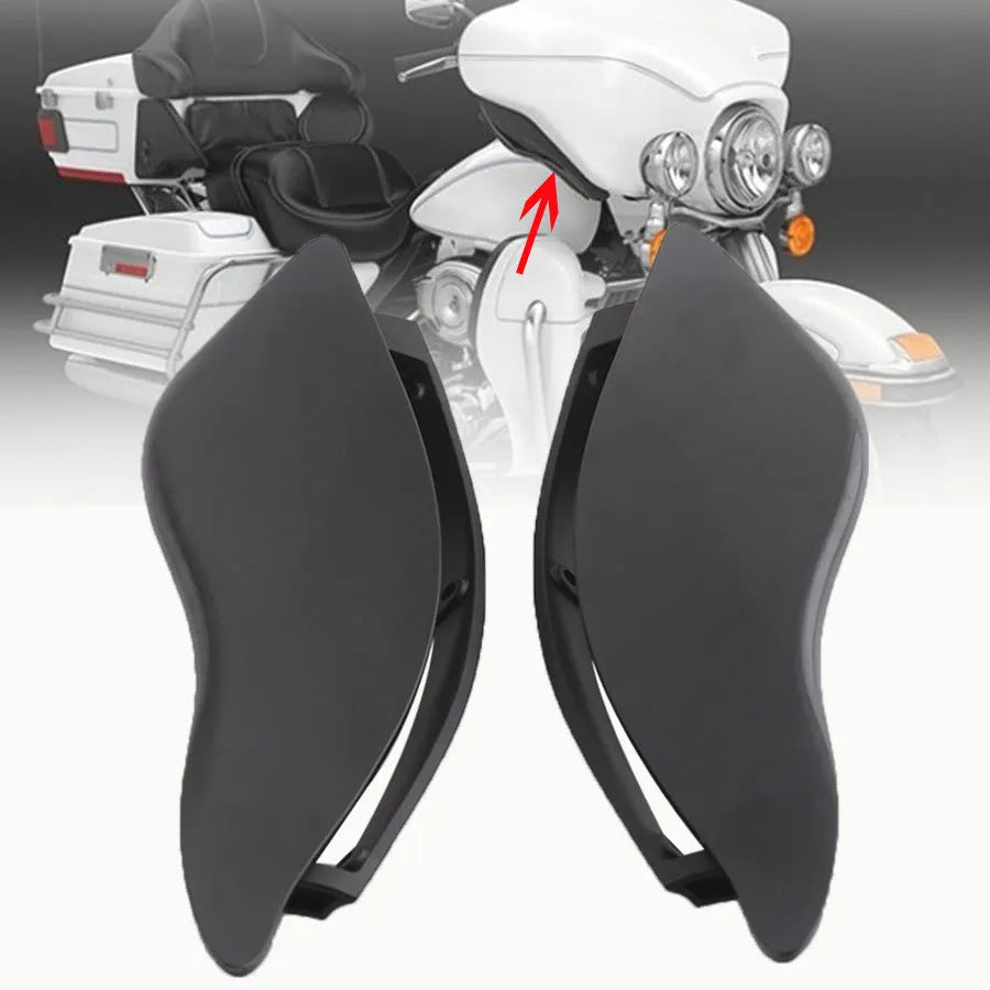 Pair of smoked ABS plastic motorcycle side wing panels for Harley trike models.