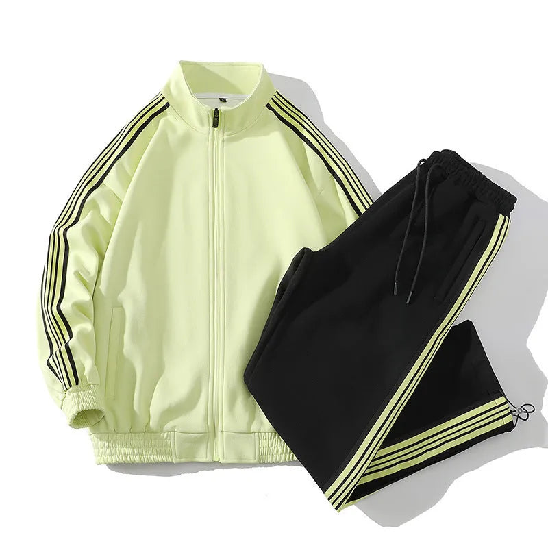 Trendy straight striped cotton sports suit for men with long sleeve jacket and cropped pants in khaki colour