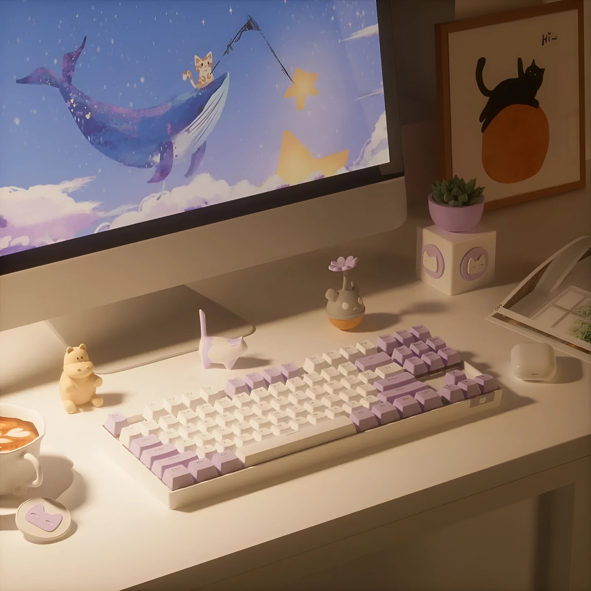 Wireless Bluetooth mechanical keyboard with metal frame in blue white and purple white colour options