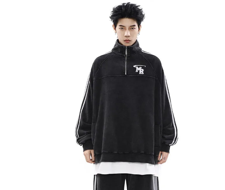 Men's black Hong Kong style polyester hoodie sweater with stand collar and long sleeves