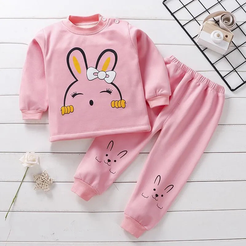 Children's fleece-lined thermal underwear set with coral fleece cotton in cartoon print for autumn winter