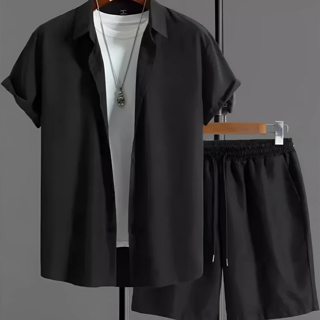 Men's jacquard black and white short sleeve suit set with matching shorts in chemical fibre blend fabric