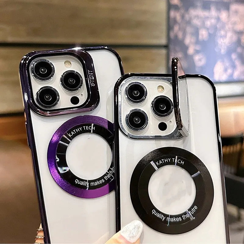 Magnetic iPhone case with exposed Apple logo in dark purple colour showing MagSafe compatibility