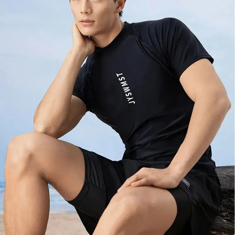 Men's polyester swim trunks and top set in plus sizes with patterned design