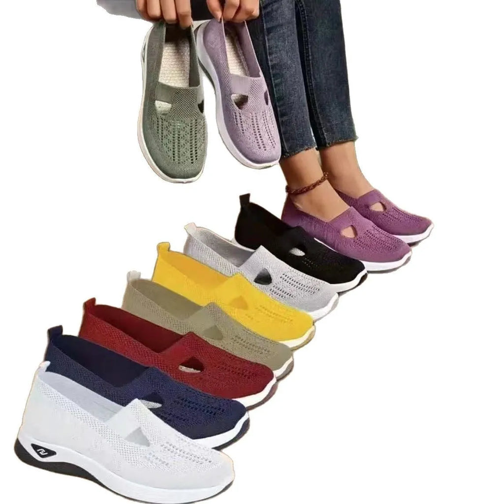 Casual mesh T-strap flat shoe for women in a selection of colours on a soft PVC sole.