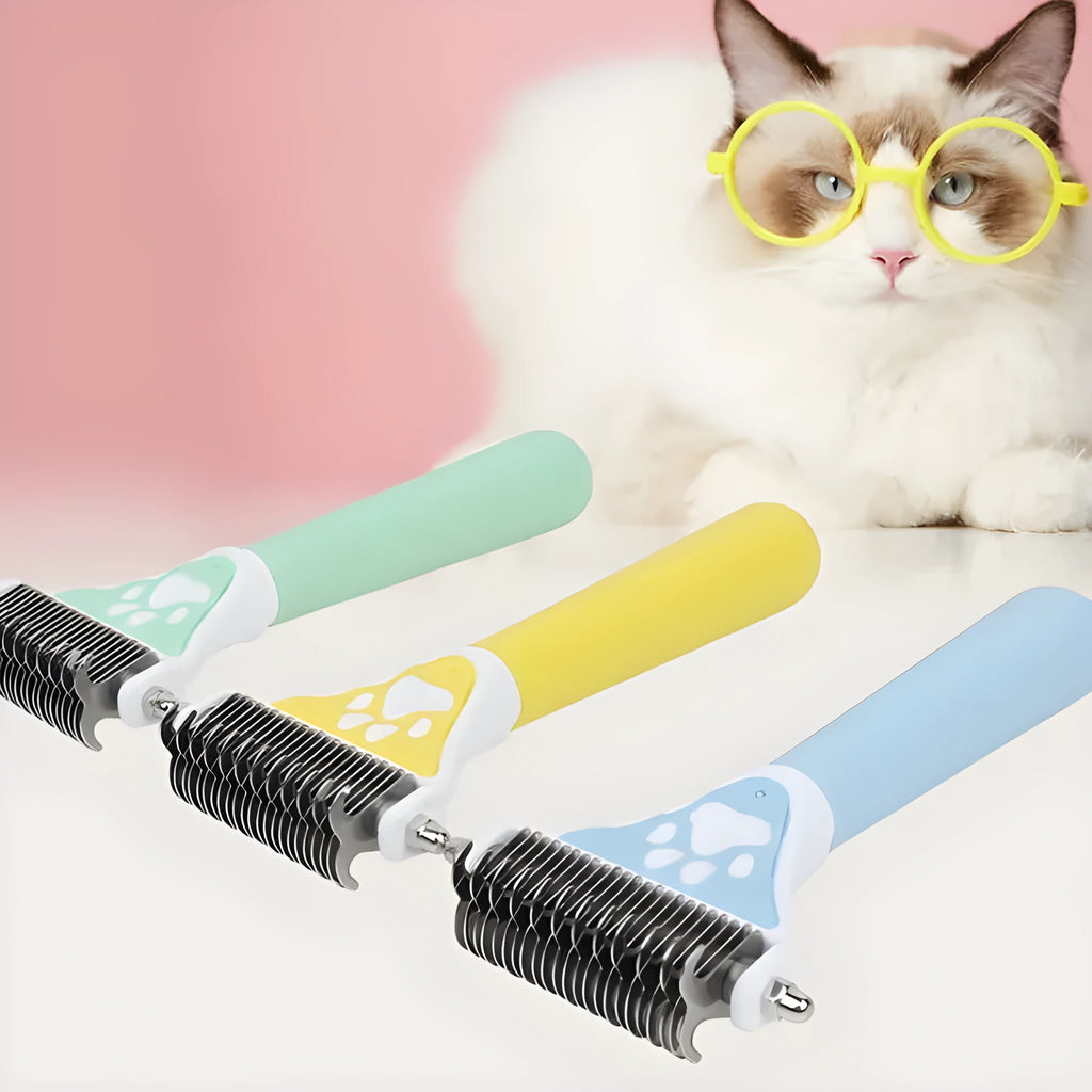 Yellow pet comb for knot untying with metal teeth and plastic handle, grooming tool for dogs and cats