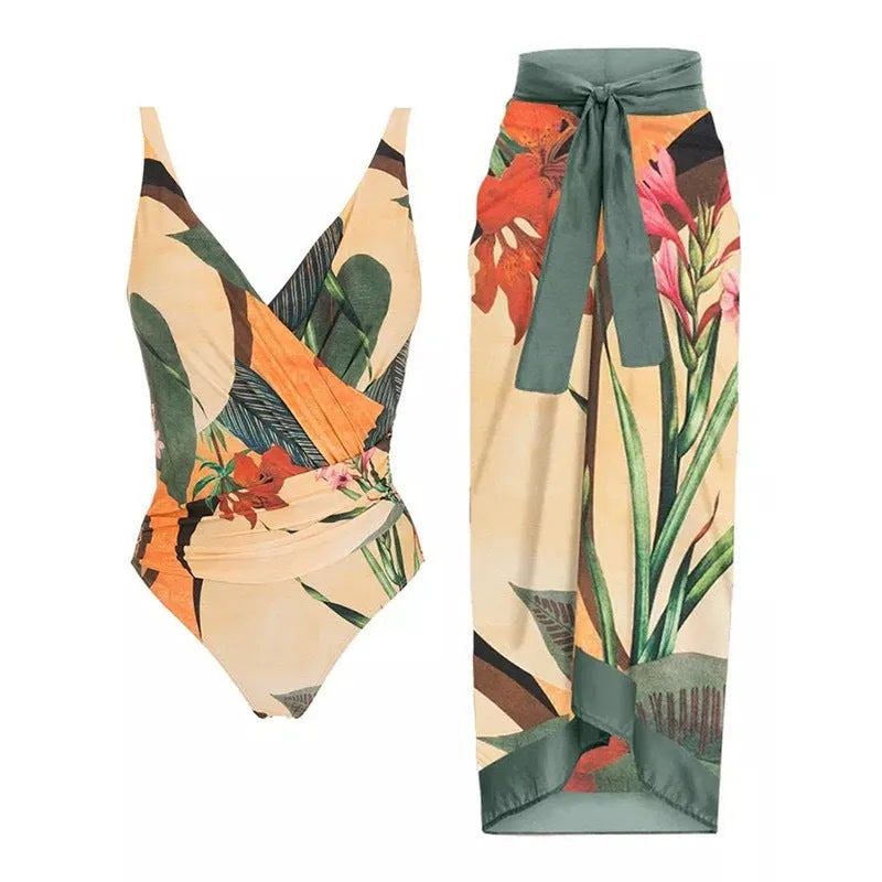 Women's solid colour one-piece swimsuit with spaghetti straps and a matching skirt laid flat.