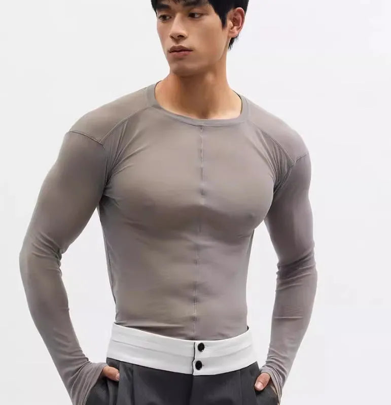 Black mesh see-through texture slim-fit pullover with long sleeves and round collar