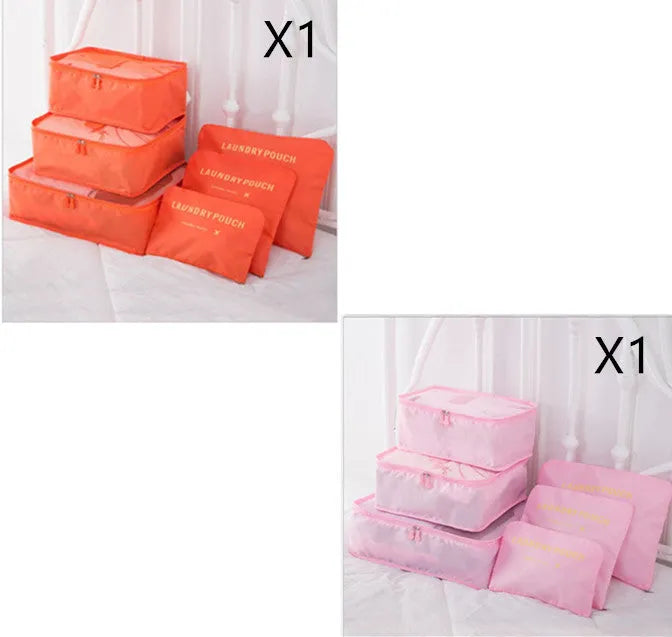 6 piece polyester travel storage bag set in hand bag type shape for clothes and cosmetic organisation, various colour options