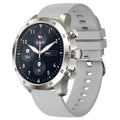 Black smartwatch with Bluetooth calling on a steel link strap, showing music display and health metrics on screen.