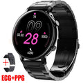 Black Bluetooth smartwatch with stainless steel strap on a wrist, showing call and health stats on screen.