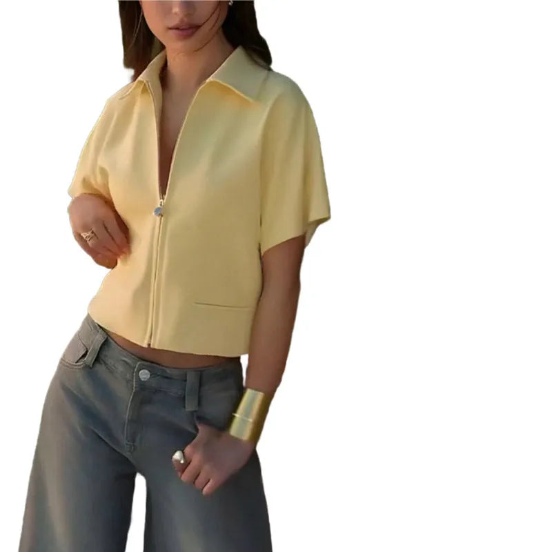 Women's loose fit short sleeve polyester casual top in white black and yellow