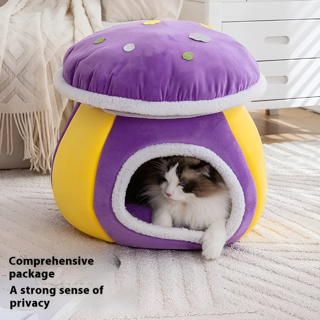 Mushroom cat nest in thermal rabbit plush with detachable cover in grey, pink or purple colours