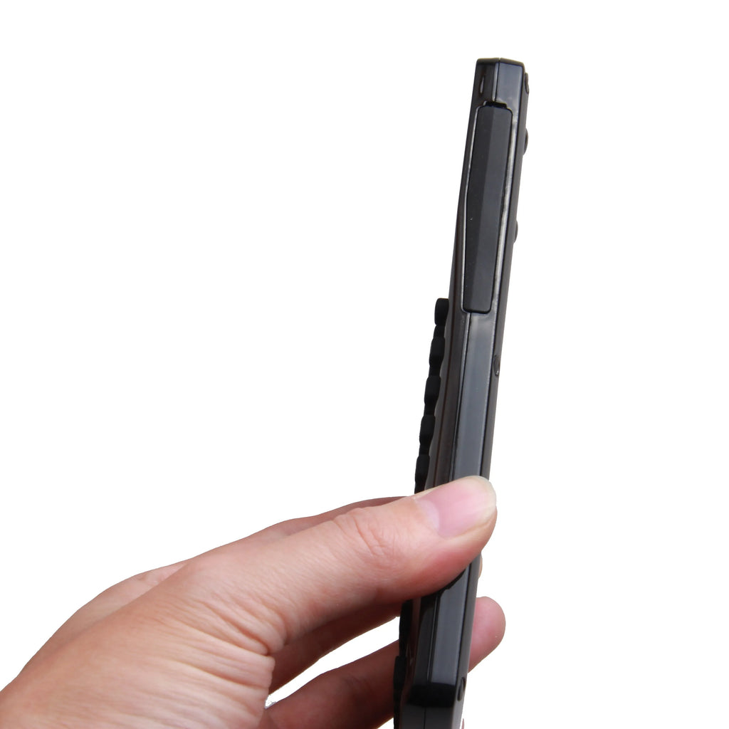 Black multifunctional e-book reader with compact screen and adjustable strap showing multilingual interface