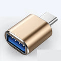 USB-C OTG adapter showing Type-C male connector and USB-A female port in black, silver, and gold colour options