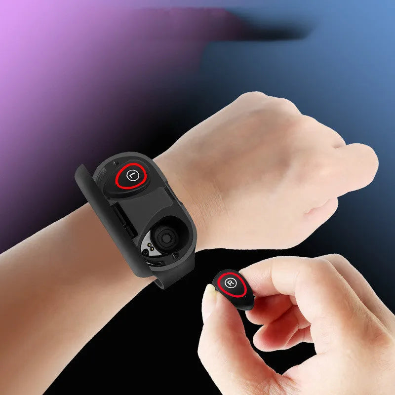 Smart bracelet earphone combo device with silicone wristband in blue, black, or red colours showing 1-inch screen