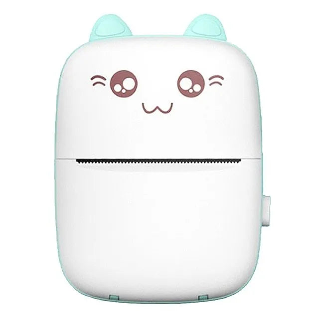 Mini Bluetooth thermal printer in pink with paper roll and phone app interface
