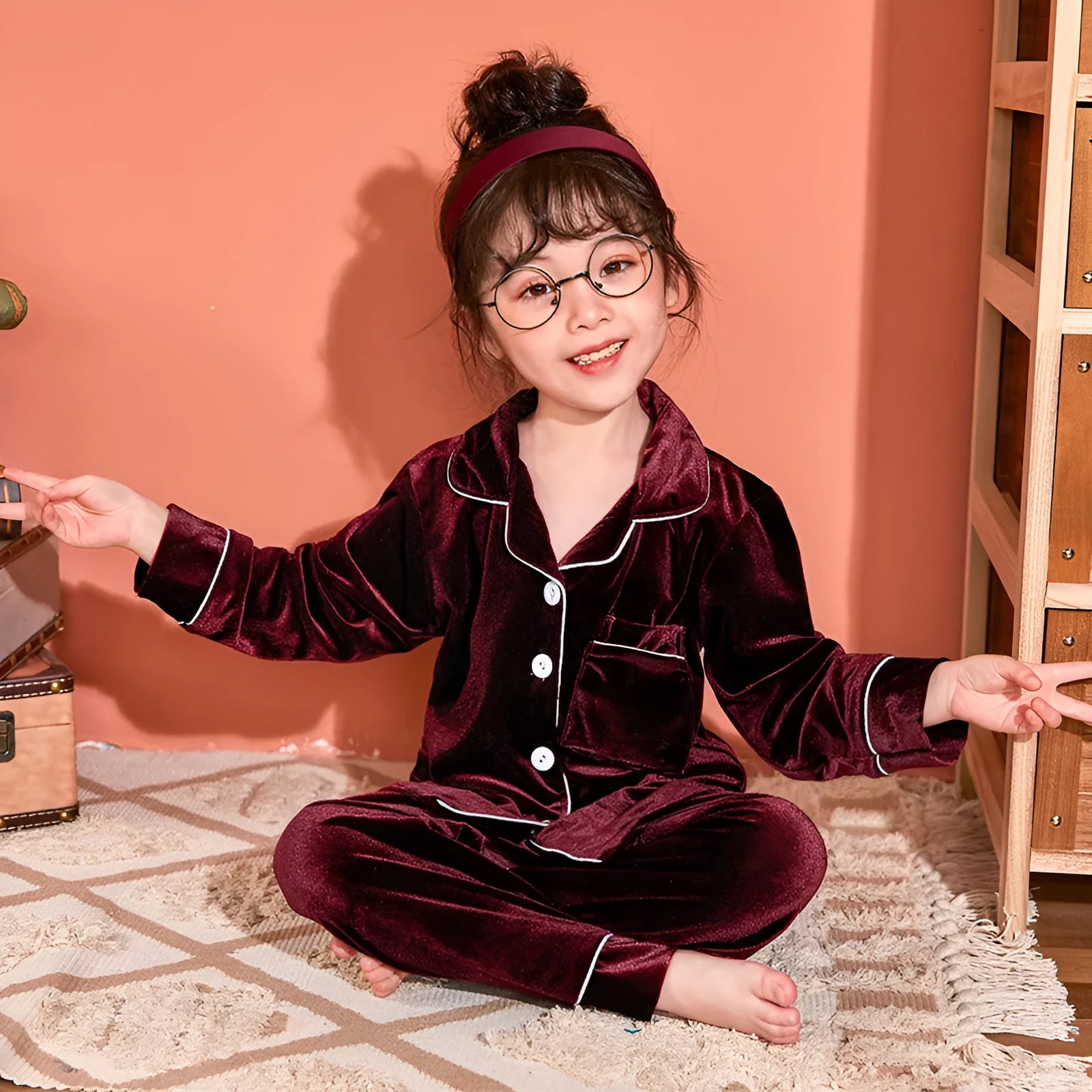 Children's gold velvet solid color pajamas set in cotton, 7 colours, sizes 6-18