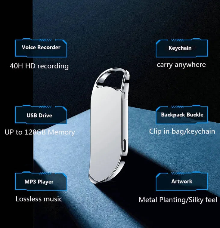 Keychain digital voice recorder in silver metal shell with keyring attachment