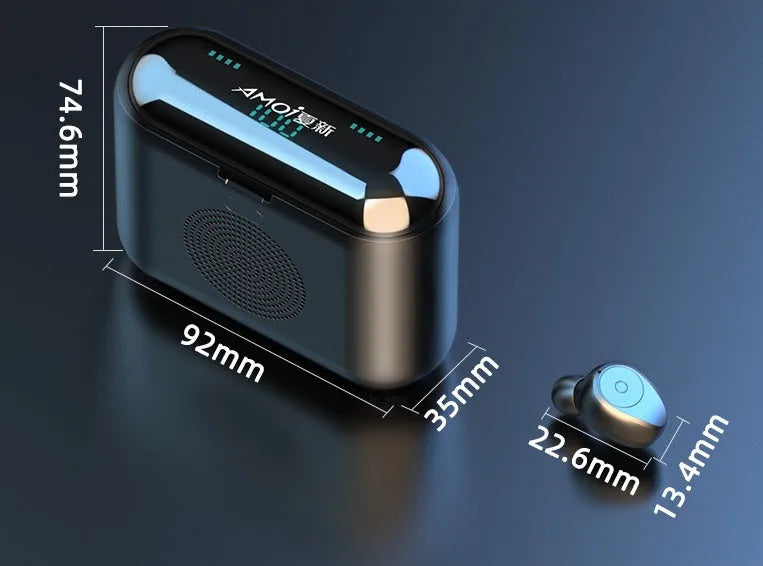 F9 5.0 wireless Bluetooth headset in black with charging case, featuring CVC8.0 noise reduction