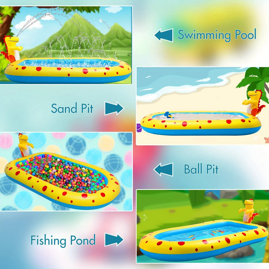 Blue inflatable dinosaur-shaped kids' pool with shark graphics and a water spray jet.