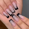 Black French style thin glittering butterfly pattern artificial nail armour set in medium wearable size