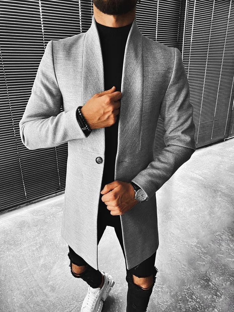 Men's grey woolen mid-length coat with stand-up collar