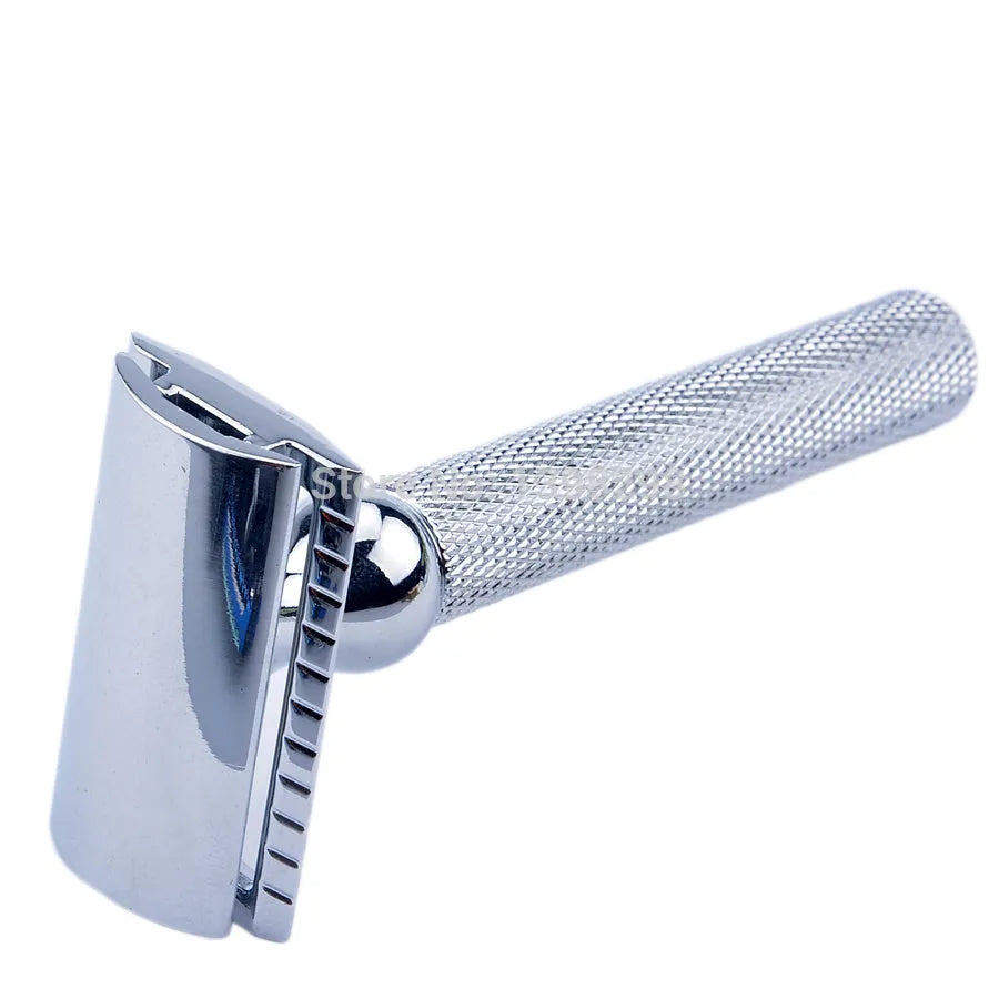 CSB men's shaving set with chrome stand, badger hair brush, double edge razor, zinc bowl, and blades in a black box.