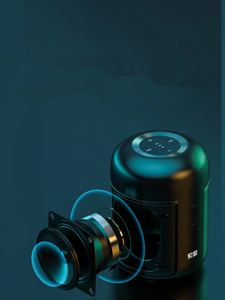 Black portable Bluetooth speaker with compact 72mm by 99mm dimensions showing connection ports