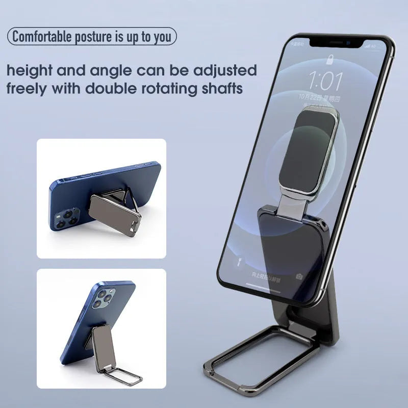 Foldable mobile phone holder with ring buckle adjustable stand and magnetic car bracket