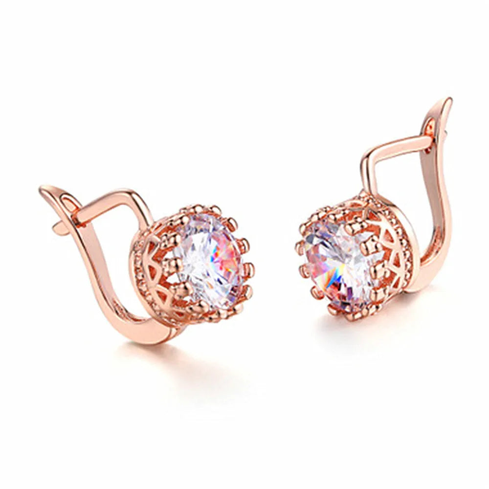 Korean retro crown shape ear clip earrings in rose gold or white gold colour on a copper base.