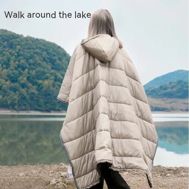 Outdoor cloak sleeping bag shown as wearable cape and as traditional sleeping bag
