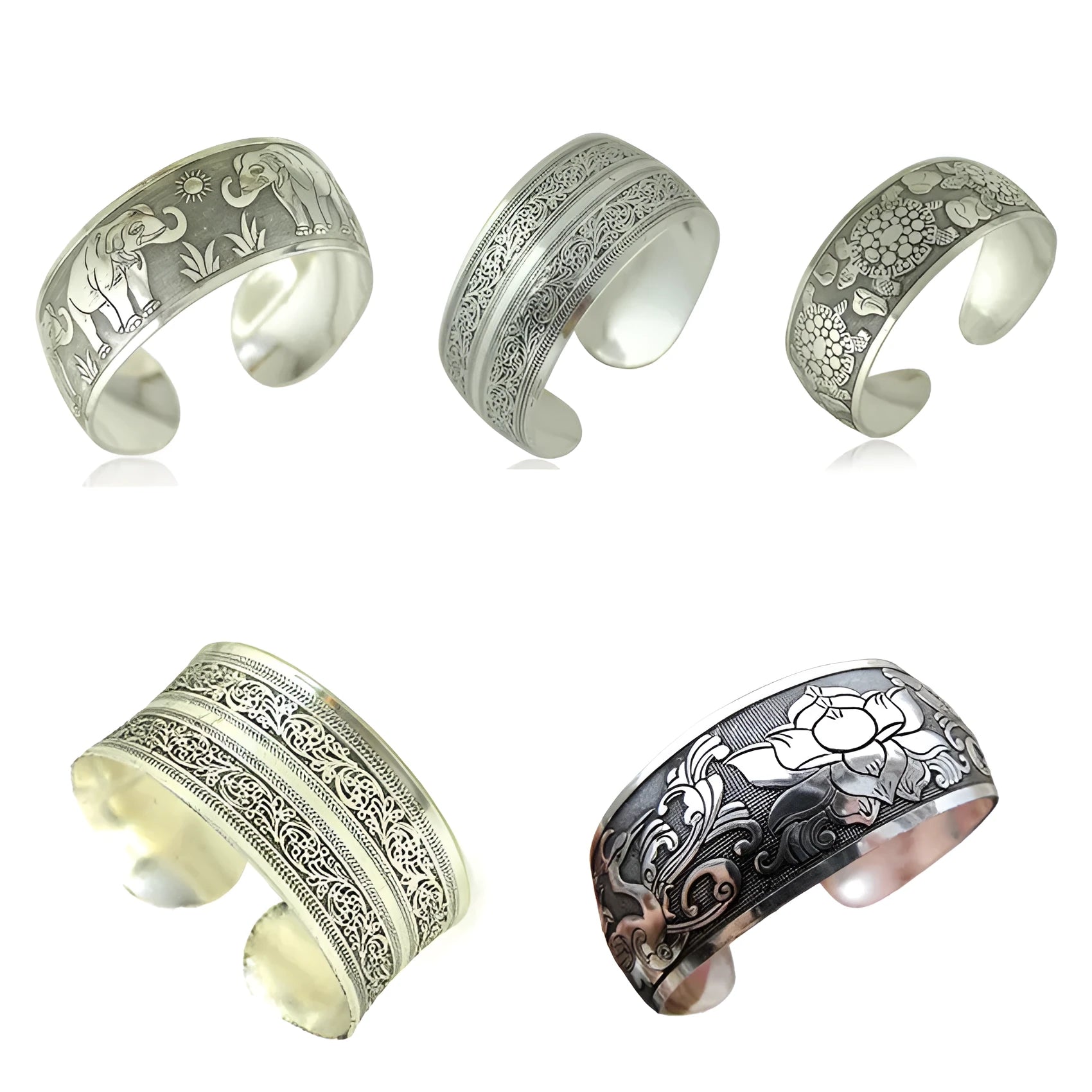 Ethnic carved Miao silver style alloy bracelet in open design with turtle or elephant colour motifs